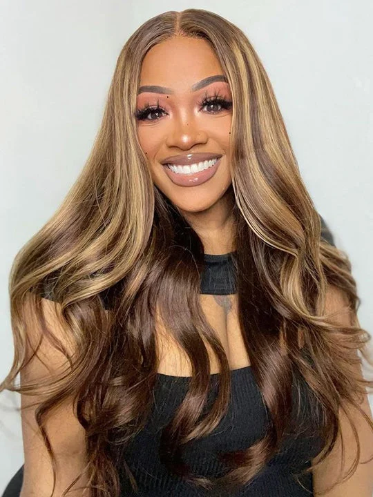 Colored wig with a pre - plucked hairline for a more natural lookHighlight Wig 3D Body Wave Full 13x6 Lace Frontal Wig 100% Virgin Human Hair