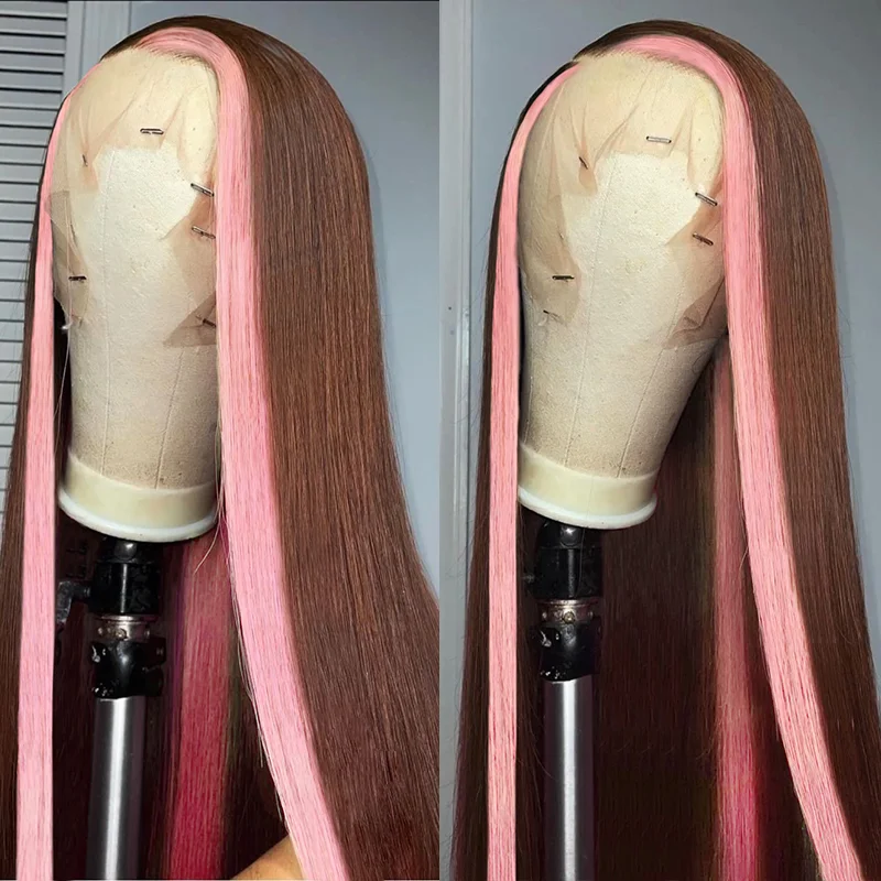 Colored wig with a wispy fringe for a soft and feminine lookHighlights Strawberry Pink & Chocolate Skunk Stripe Colored Lace Front Wig-Amanda Hair