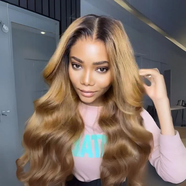 Colored wig with a wispy fringe for a soft and feminine lookHoney Blonde Mix Light Brown Glueless Body Wave Human Hair Clear Transparent Lace Front Colored Wigs For Women-Amanda Hair