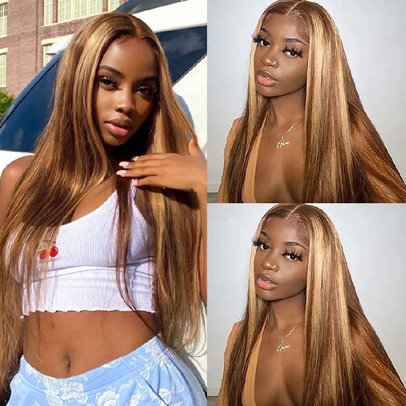 Colored wig with a purple - violet shade for a regal and elegant lookP4/27 Color Honey Blonde Wig Straight Highlighted Human Hair 4*4 Lace Closure Wigs-Amanda Hair