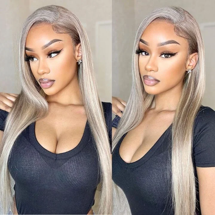 Colored wig with a pre - bleached knot for a natural - looking scalpHottest Long Highlight Blonde Straight Human Hair Glueless  Lace Front Wigs Blonde Hair - Amanda Hair