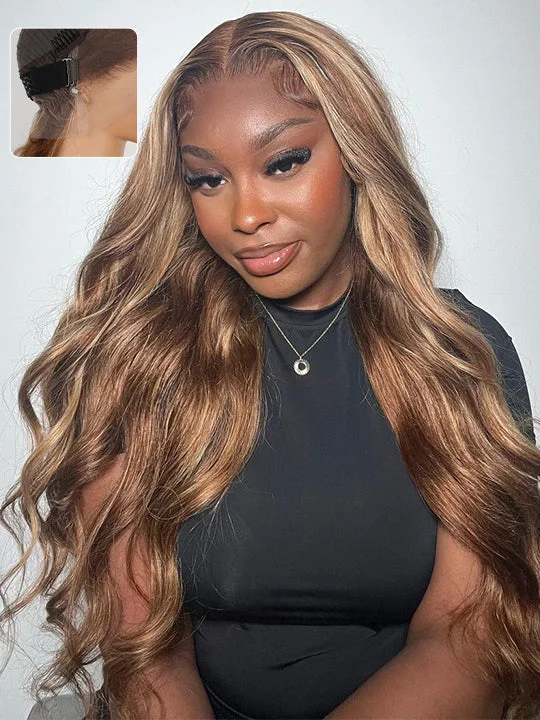 Colored wig with a straight texture for a sleek and minimalist lookKisslove Honey Blonde Highlights Body Wave Invisi-Drawstring Snug Fit 360 Lace Wig Glueless Human Hair Wigs