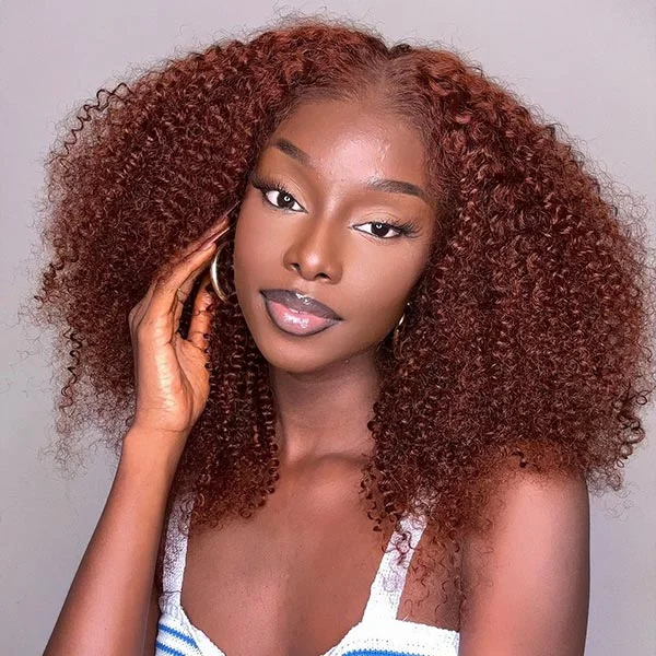 Colored wig with a middle - part for a classic and elegant styleJunoda #33 Auburn Colored Glueless 6x4.5 Pre Cut Lace Wig Curly Human Hair Wear & Go Wig