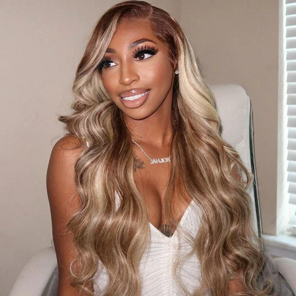 Colored wig with a wispy fringe for a soft and feminine lookJunoda Ash Blonde Brown Wig With Blonde Highlights P4/613 Body Wave Lace Front Wigs Human Hair