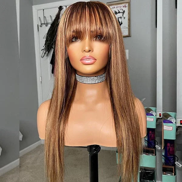 Colored wig with a straight texture for a sleek and minimalist lookJunoda Balayage Highlight Straight Wig with Bangs Brown Blonde Real Human Hair Wigs