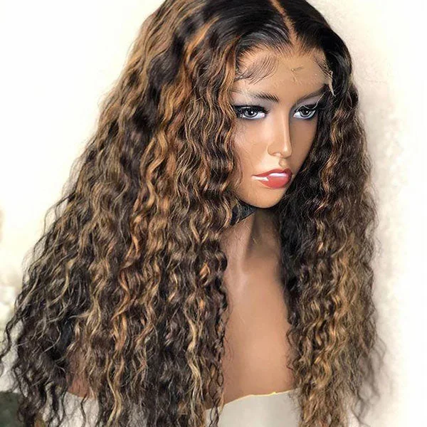 Colored wig with a natural - looking root for a more realistic lookJunoda Balayage Mix Color Highlight Water Wave Wig 4/27 Transparent Lace Human Hair Wigs