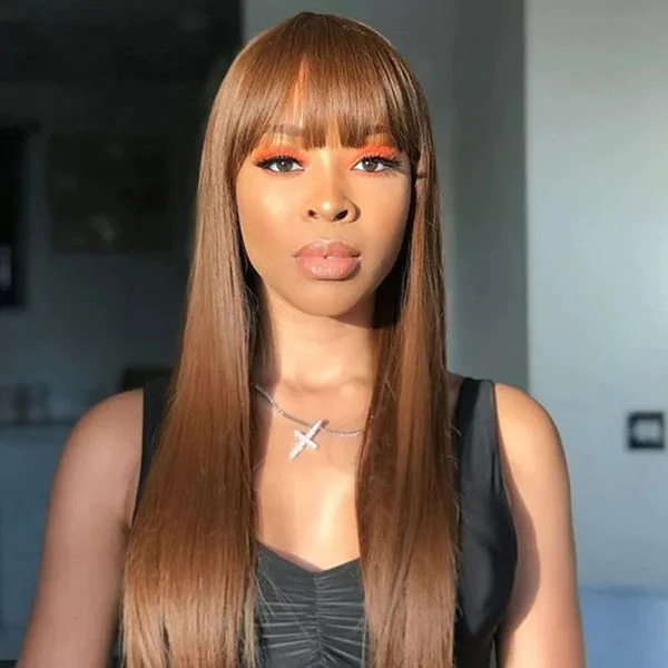 Colored wig with a pre - plucked hairline for a more natural lookJunoda Chestnut Brown Straight Wig with Bangs Shake & Go Chocolate Color 100% Human Hair Wigs