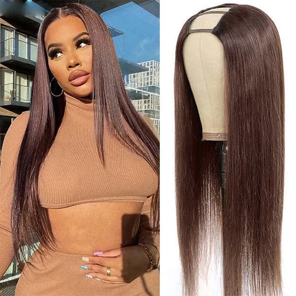 Colored wig with a pre - bleached knot for a natural - looking scalpJunoda Chocolate Brown Straight V/U Part Wig Virgin Human Hair Beginner Friendly