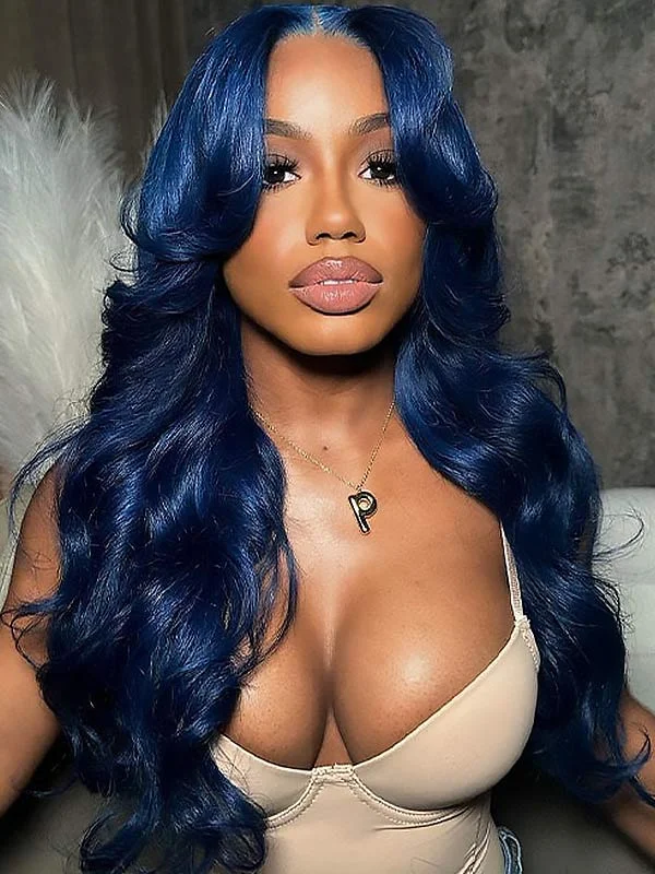 Colored wig with a curly texture for a bold and stylish choiceJunoda Curtain Bangs Body Wave Human Hair Wig Gorgeous Blue 13x4 Lace Front Wig