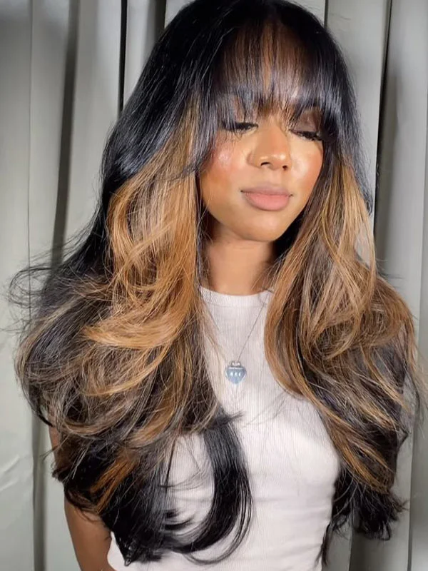 Colored wig with a pre - bleached knot for a natural - looking scalpJunoda Bangs Wig Highlight Brown with Black Hair Skunk Stripe Glueless Human Hair Wigs