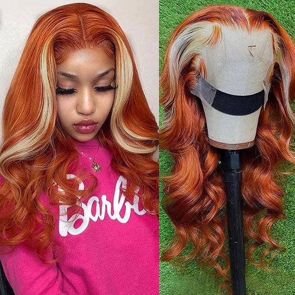 Colored wig with a silk - base cap for a comfortable and smooth feelJunoda Ginger Blonde Ombre Lace Frontal Wig Virgin Human Hair Body Wave Wigs