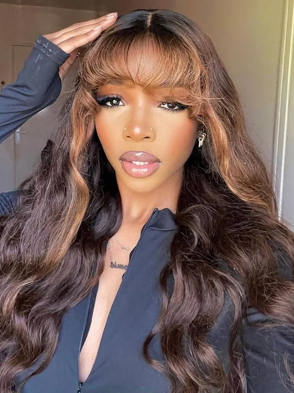 Colored wig with a curly texture for a bold and stylish choiceJunoda Ginger Brown Bangs Body Wave Human Hair Wig Dark Roots with Chocolate Brown