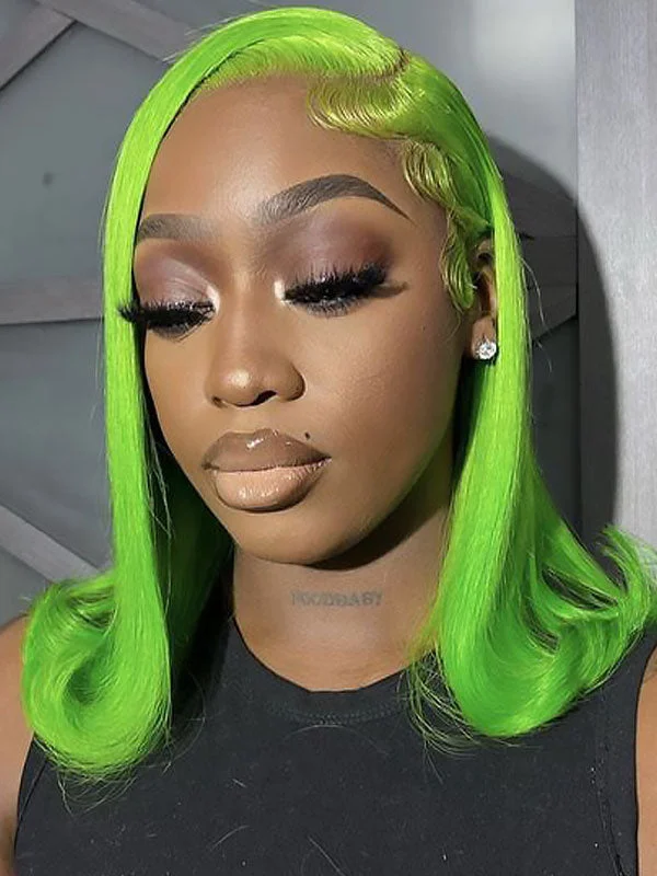 Colored wig with a 150 - density for a full and thick appearanceJunoda Green Swoop Flipped Ends Hairstyles Side Part Straight Bob Wig Human Hair Lace Wig