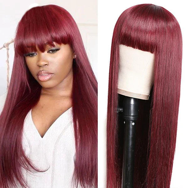 Colored wig with a natural - looking root for a more realistic lookJunoda Hair 99J Red Colored Straight Human Hair Wig With Bangs Brazilian Remy Hair Wigs