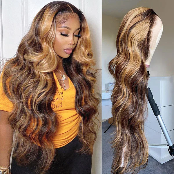 Colored wig with a wavy texture for a beachy and fun lookJunoda Hair Highlight Body Wave Lace Front Human Hair Wig Brazilian Remy Hair