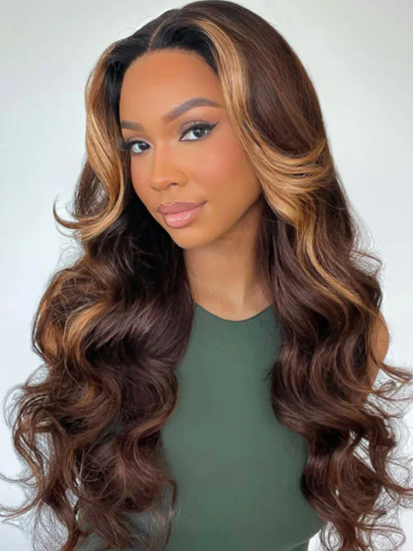 Colored wig with a curly texture for a bold and stylish choiceJunoda Highlight Blonde Chestnut Brown Skunk Stripe Loose Wave Human Hair Lace Wig