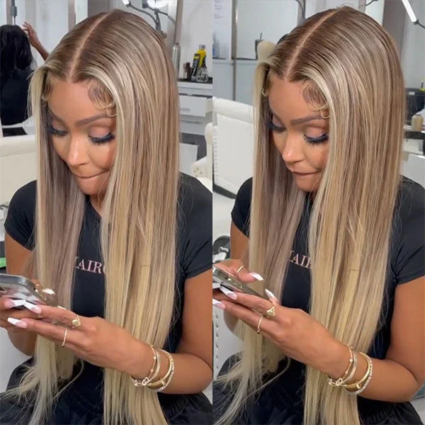 Colored wig with a 150 - density for a full and thick appearanceJunoda Highlight Blonde on Brown Hair Straight Ash Blonde Colored Human Hair Wigs