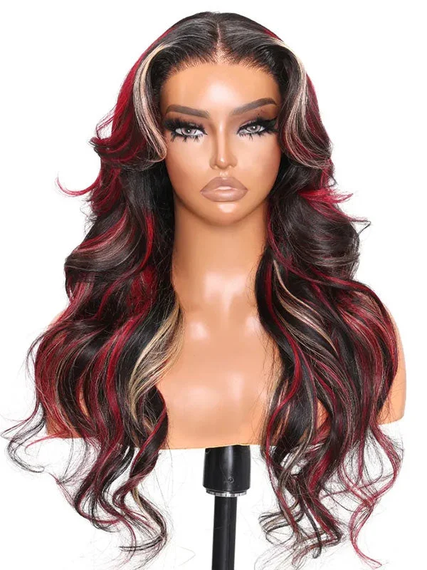 Adjustable - cap colored wig for a comfortable fitJunoda Highlight Blonde Red with Black Loose Wave Colored Human Hair Lace Front Wig