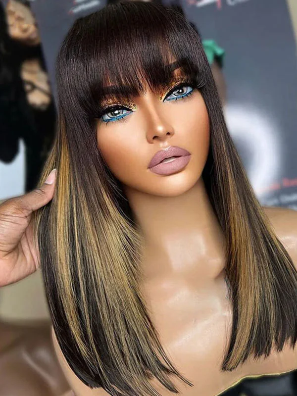 Synthetic colored wig with a heat - resistant formula for easy stylingJunoda Highlight Blonde Straight Human Hair Wig with Bangs Colored Skunk Stripe Wig