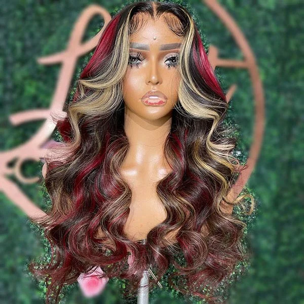 Colored wig with a silk - base cap for a comfortable and smooth feelJunoda Highlight Blonde with Burgundy Red Balayage Body Wave Lace Front Human Hair Wigs