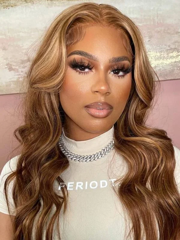 Synthetic colored wig with a heat - resistant formula for easy stylingJunoda Highlight Brown Blonde Body Wave Human Hair Wigs Affordable Colored Lace Wig