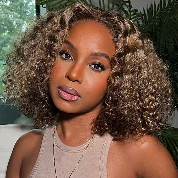 Colored wig with a pre - bleached knot for a natural - looking scalpAlwaysAmeera Recommend Junoda Highlight Curly Bob Wig 4/27 Brown Mix Color 4x4 13x4 Transparent Lace Wig