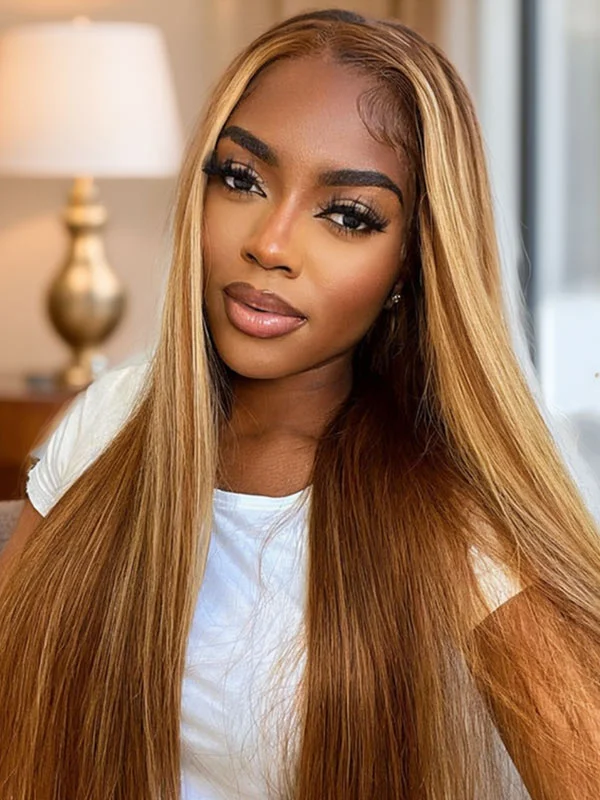 Colored wig with a side - swept bang for a sophisticated lookJunoda Highlight Straight Wig Blonde Brown Colored Human Hair Wigs T Part Lace Wig