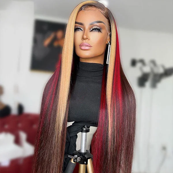 Colored wig with a 150 - density for a full and thick appearanceJunoda Multi Mixed Color Highlight Red & Blonde on Black Hair Straight 13x4 Lace Front Wig