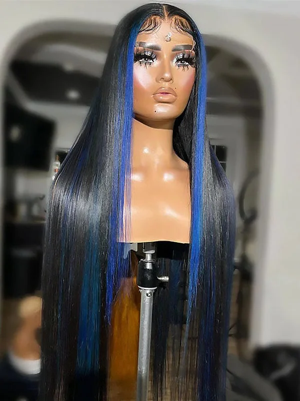 Colored wig with a red - orange hue for a warm and energetic lookJunoda New Skunk Stripe Highlight Blue with Black Straight Transparent Lace Front Human Hair Wigs