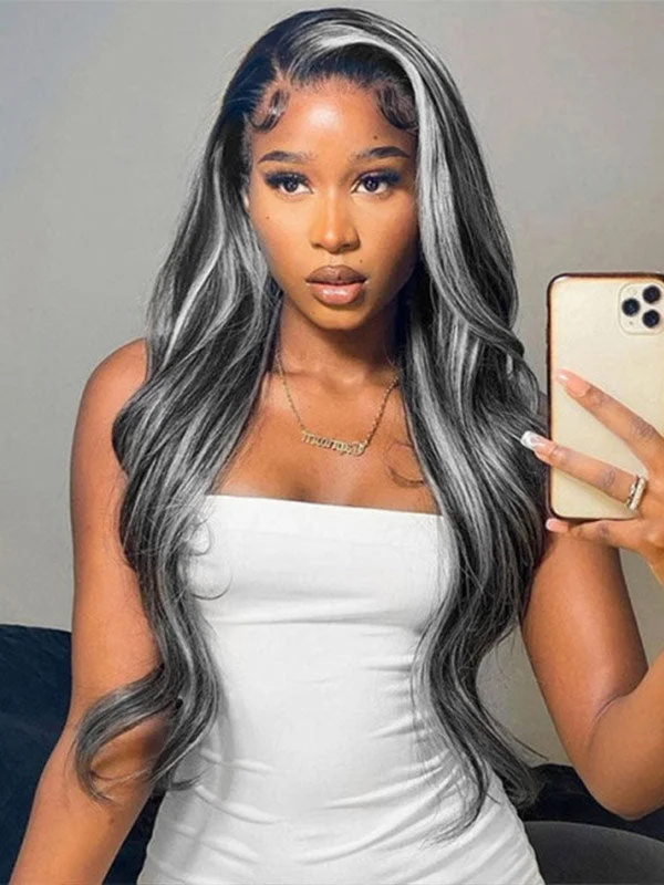 Colored wig with a silver - grey color for a trendy and cool - toned lookJunoda Platinum Blonde Highlights On Black Hair Body Wave Lace Front Human Hair Wigs