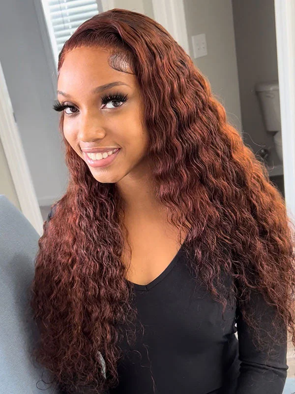 Colored wig with a purple - violet shade for a regal and elegant lookQueenleoraisback recommend Junoda Reddish Brown Deep Wave Lace Front Wig 100% Virgin Human Hair Wigs #33 Auburn Copper Color