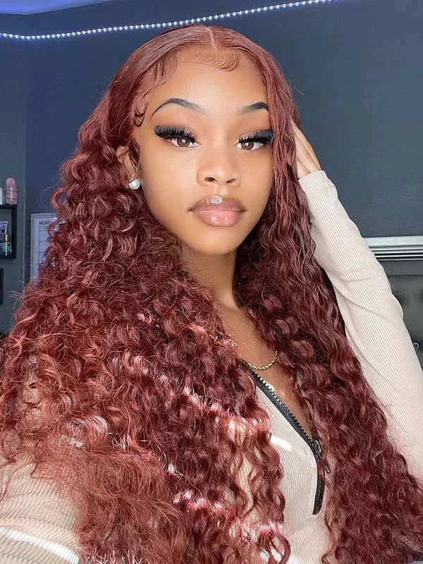 Colored wig with a natural - looking root for a more realistic lookJunoda Reddish Brown Water Wave Wig Auburn Copper Red Color Human Hair 13x4 Lace Front Wig