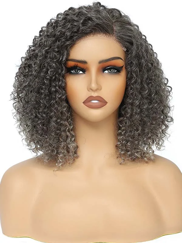 Colored wig with a 150 - density for a full and thick appearanceJunoda Short Curly Asymmetrical Side Part Bob Wig Silver Grey Salt and Pepper Colored Human Hair Wigs