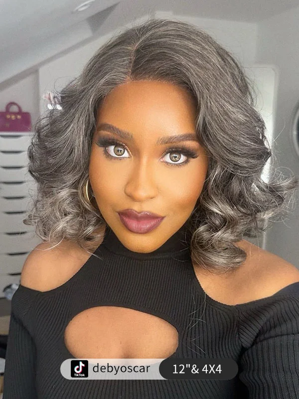 Colored wig with a pre - plucked hairline for a more natural lookJunoda Silver Grey Salt and Pepper Loose Body Wave Bob Wig Blunt Cut Short Bob Human Hair Pre Cut Lace Wigs