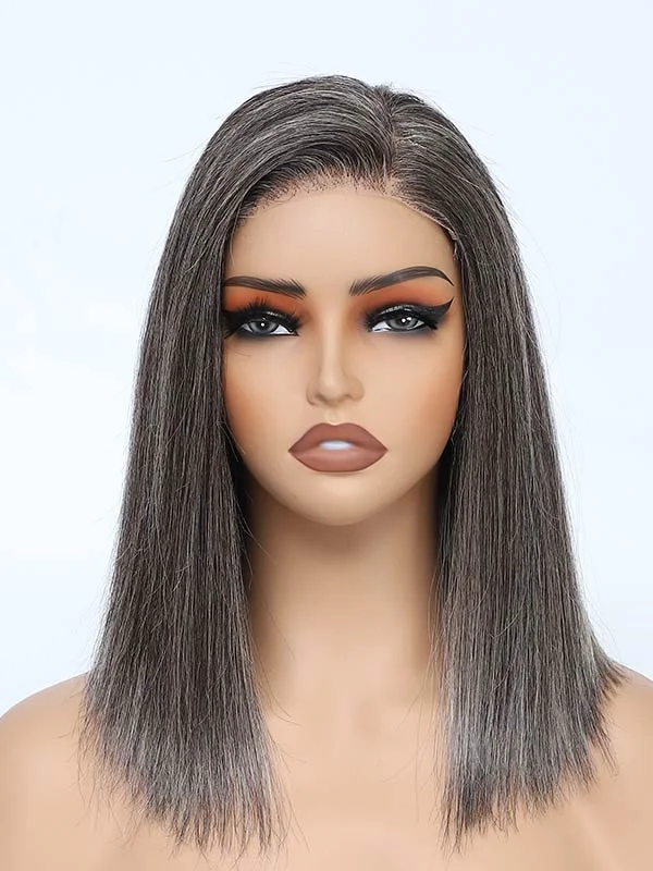 Colored wig with a pre - plucked hairline for a more natural lookJunoda Silver Grey Salt and Pepper Pre Cut Lace Straight Bob Glueless Wig Short Human Hair Wigs