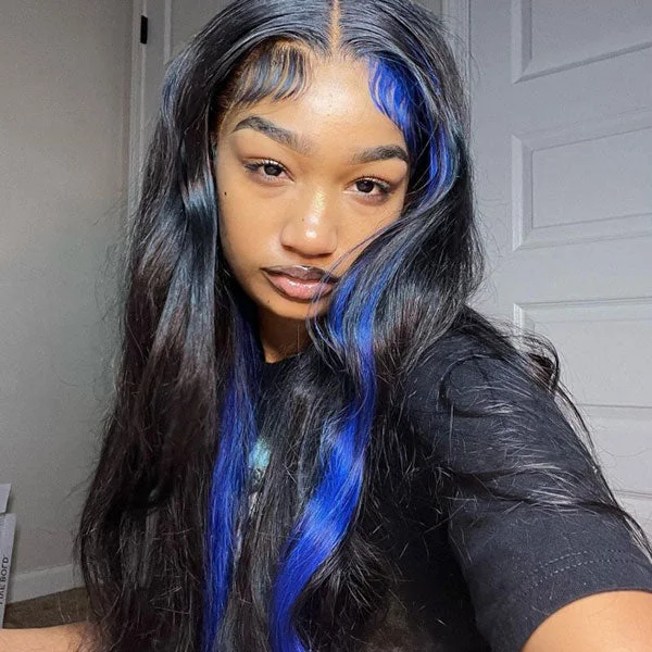 Colored wig with a 150 - density for a full and thick appearanceJunoda Skunk Stripe Blue Body Wave Human Hair Wigs 4x4 13x4 Transparent Lace Wig