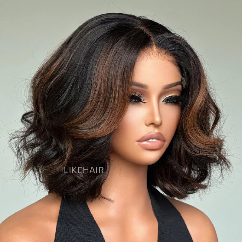 Adjustable - cap colored wig for a comfortable fitMix Brown Highlights Layered Cut Wavy Bob Lace Wig