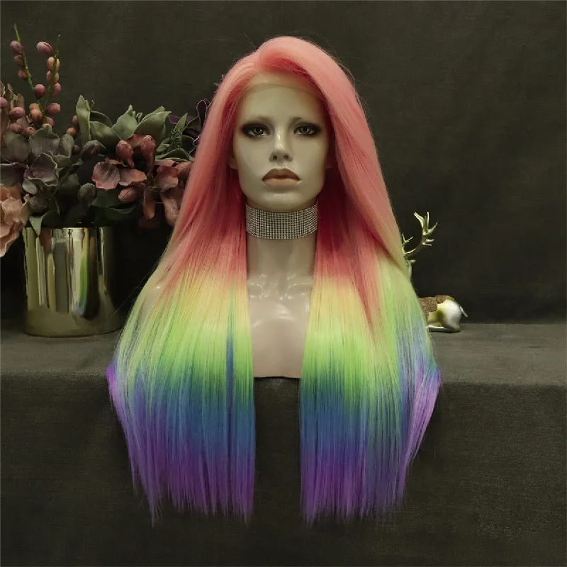 Colored wig with a wispy fringe for a soft and feminine lookMorning Glow-Long Straight Lace Wig Ombre Multicolor Wigs