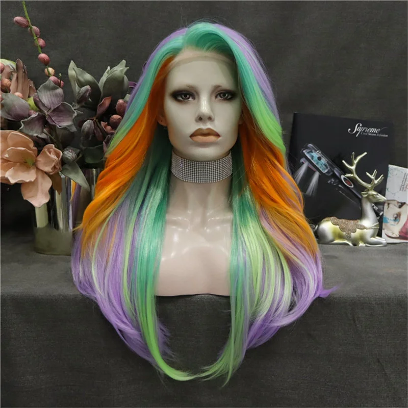 Colored wig with a pre - bleached knot for a natural - looking scalpMulti-Color Purple Body Wave Long Synthetic Lace Front Wig