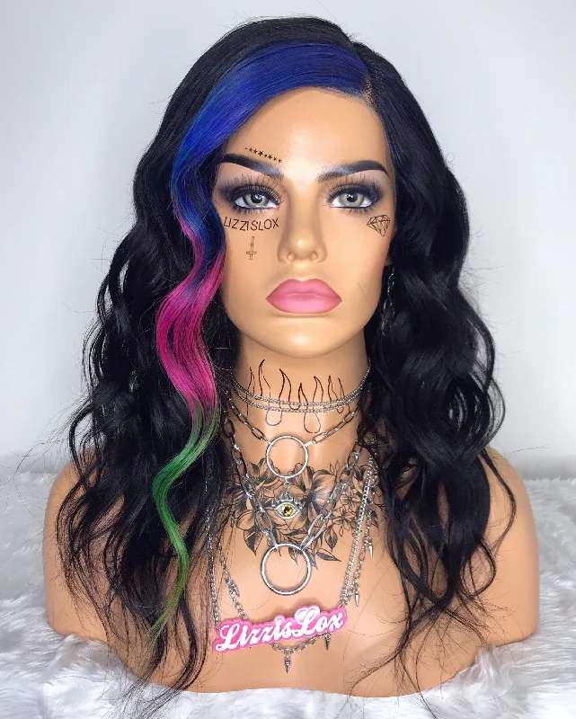 Colored wig with a pre - bleached knot for a natural - looking scalpMuted Rainbow - Lace Front