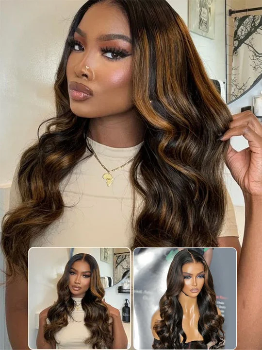 Synthetic colored wig with a heat - resistant formula for easy styling[Flash Sale] Pre Bleached Bye Bye Knots Brown Balayage Highlight Wig 3D Body Wave 5x5/13x4/13x6 Lace Frontal Wigs