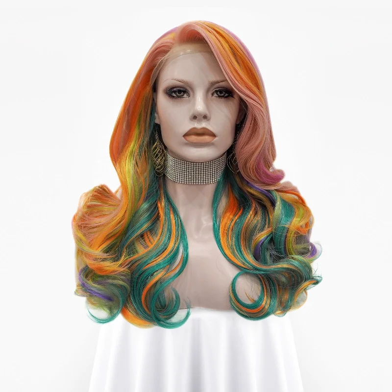 Colored wig with a silver - grey color for a trendy and cool - toned lookOrange And Green Colorful Colored Wave Synthetic Lace Front Drag Queen Wig