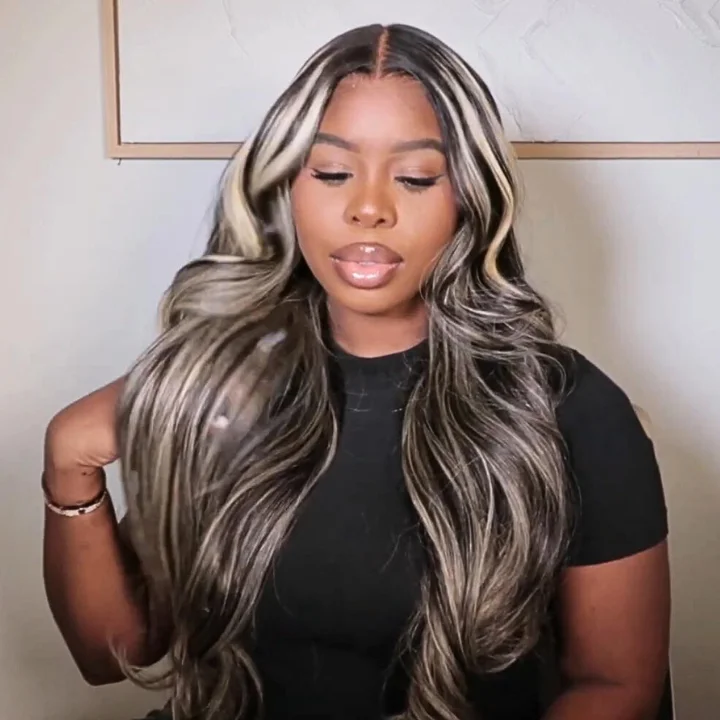 Colored wig with a side - part for a more flattering appearanceAmandaHair Highlight Wig Human Hair Transparent Lace Front Wigs Body Wave Ombre Human Hair Light Blonde Mix Highlights Straight Color 13x4 Lace Frontal Wig-Amanda Hair