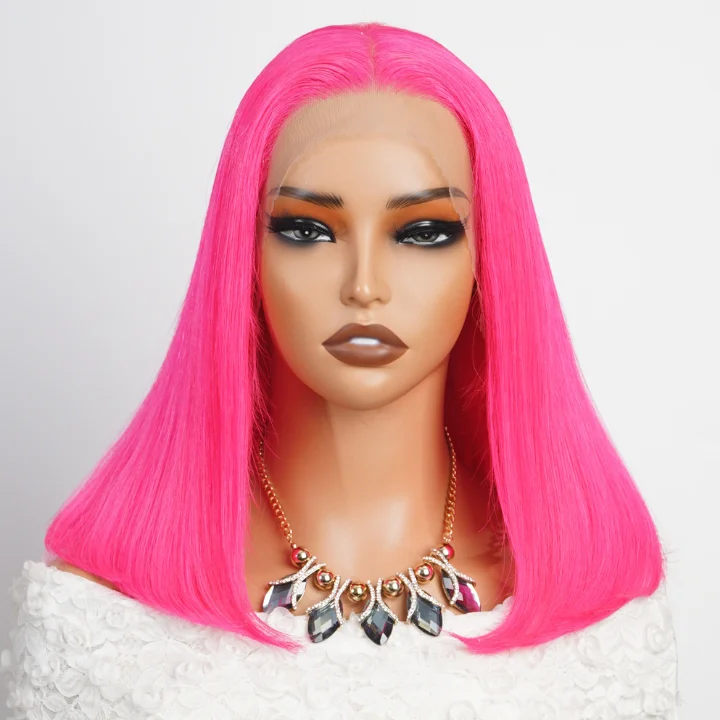 Colored wig with a curly texture for a bold and stylish choicePeach Red Straight Human Hair Pink Bob Color Lace Front /Closure Wig -Amanda Hair