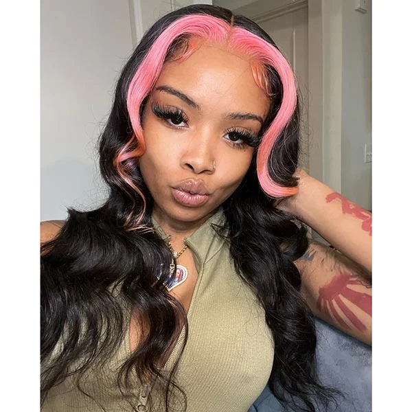 Colored wig with a wavy texture for a beachy and fun lookQueenleoraisback Recommendation Pink and Black Color Skunk Stripe Hair Body Wave Human Hair Lace Front Wigs 180 Density