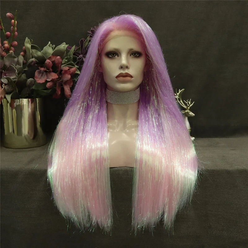 Colored wig with a wavy texture for a beachy and fun lookPink Ombre Tinsel With Synthetic Long Straight Lace Front Costume Party Wig