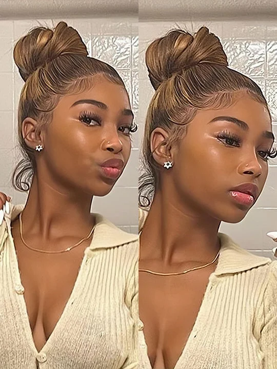 Colored wig with a wispy fringe for a soft and feminine lookKisslove Brown Highlights Straight Human Hair Wigs Pre-bleached Invisi Strap Snug Fit 360 Lace Frontal Wig