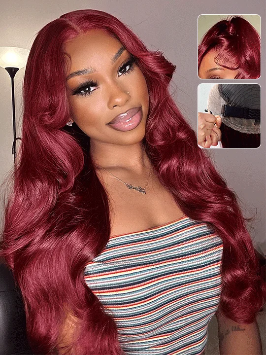 Colored wig with a straight texture for a sleek and minimalist lookKisslove Burgundy 360 Lace Frontal Wig Invisi-Drawstring 3D Body Wave Human Hair Wigs