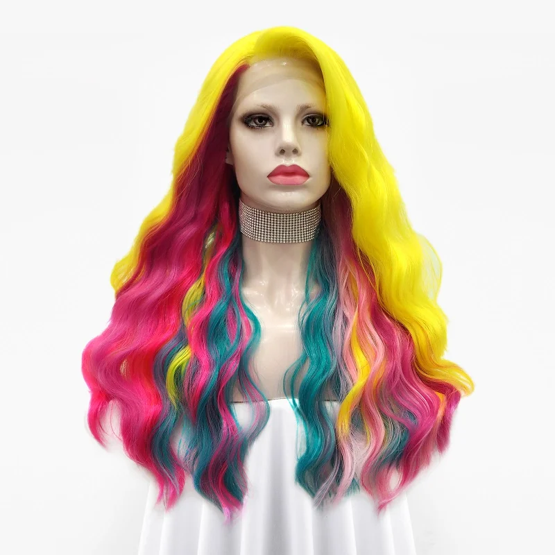 Colored wig with a wispy fringe for a soft and feminine lookPride Month Rainbow Wave Long Lace Front Synthetic Imstyle Wig