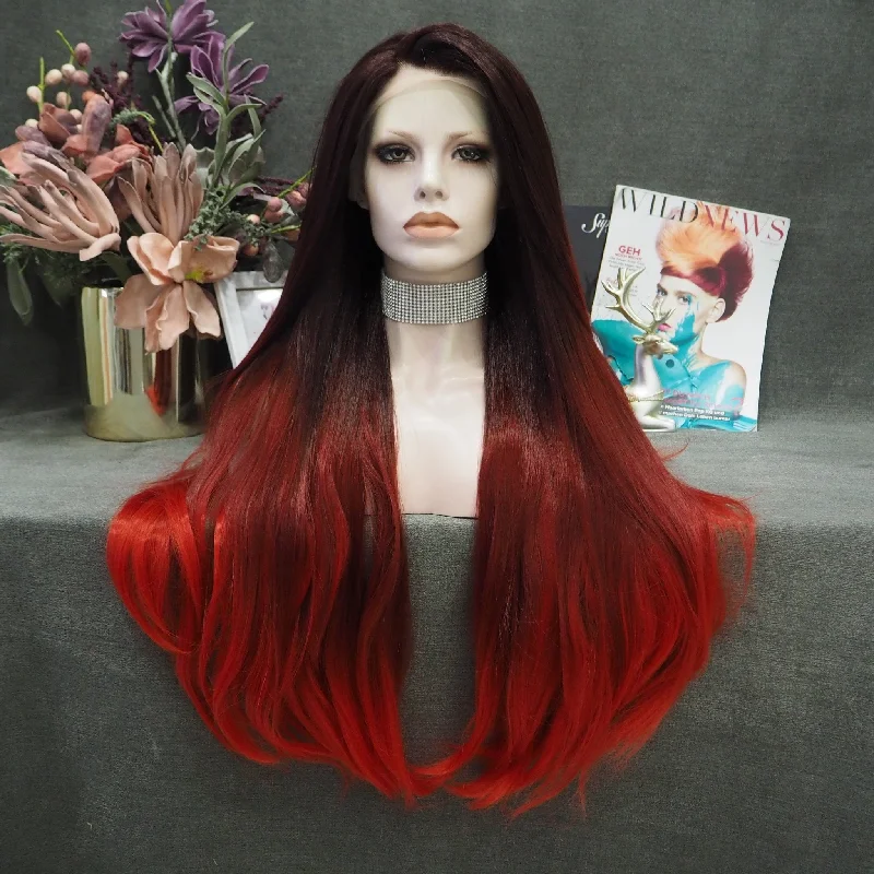 Colored wig with a middle - part for a classic and elegant styleQueen - Ombre Red Long Wave Synthetic Lace Front Imstyle Cosplay Wig